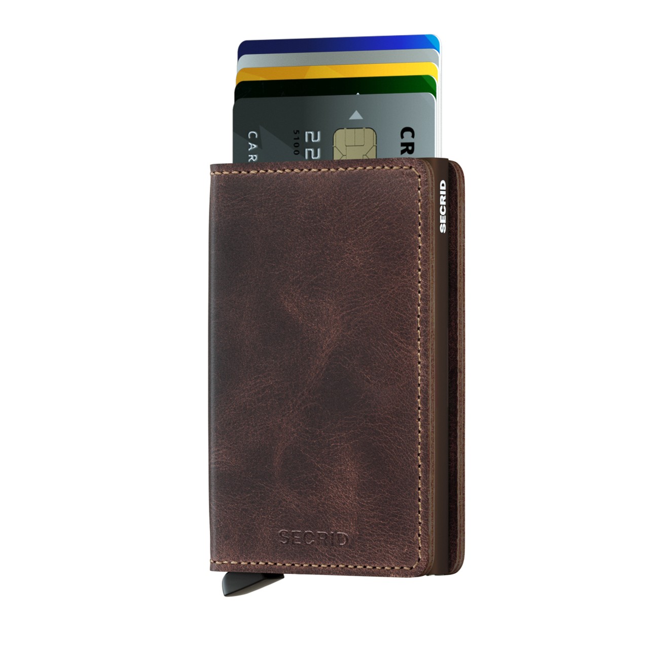 Secrid Slim Wallet aus braunem Leder mit mehreren herausstehenden Kreditkarten