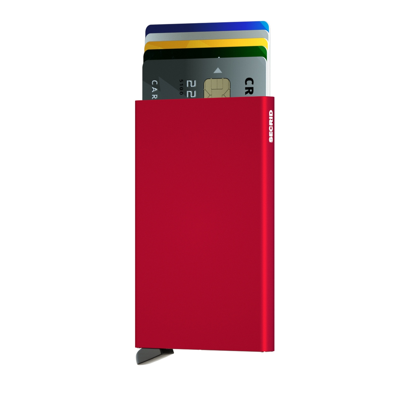 Ein roter Kartenhalter mit mehreren herausragenden Kreditkarten in verschiedenen Farben