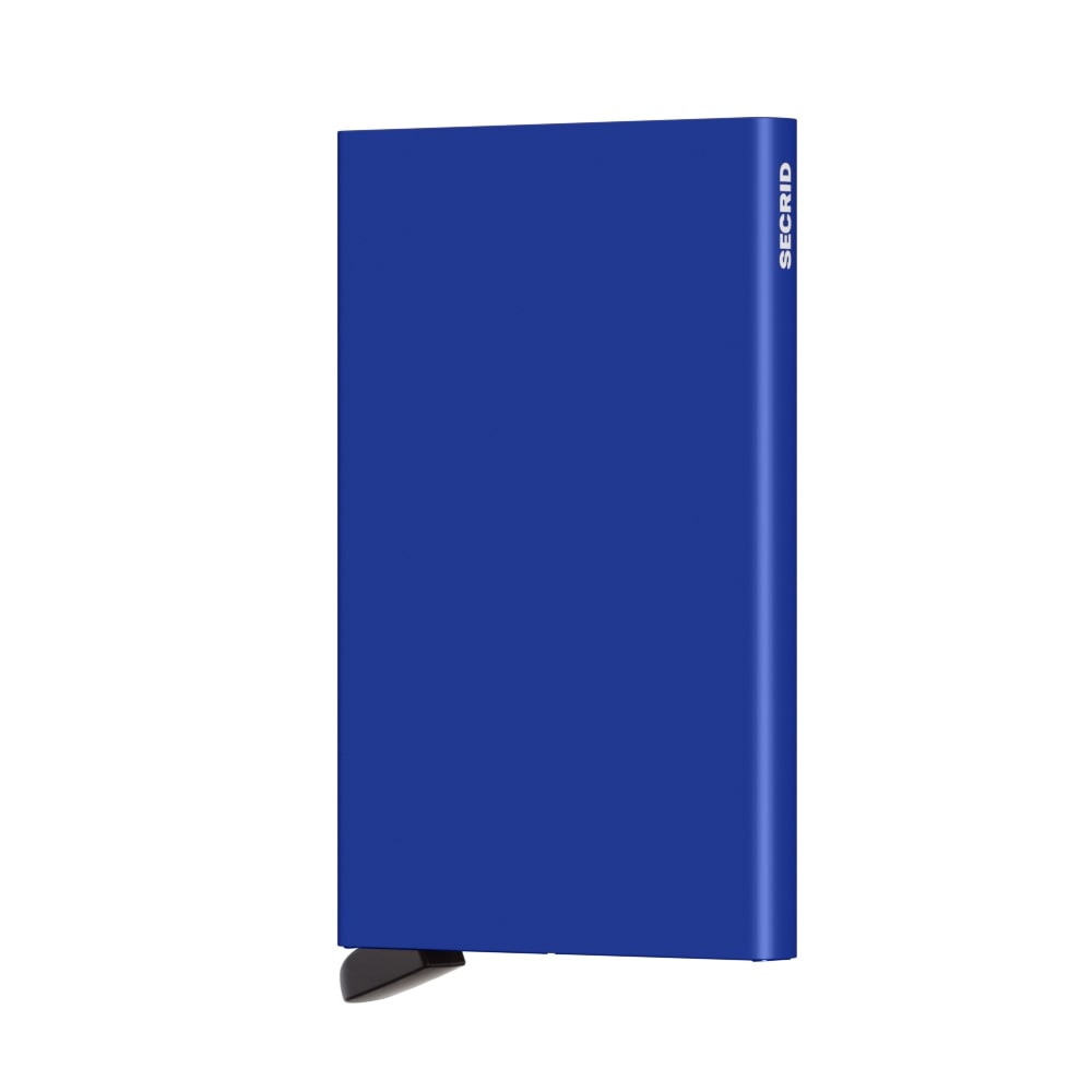 Blaues Secrid Kartenetui mit Kartenhalter-Mechanismus