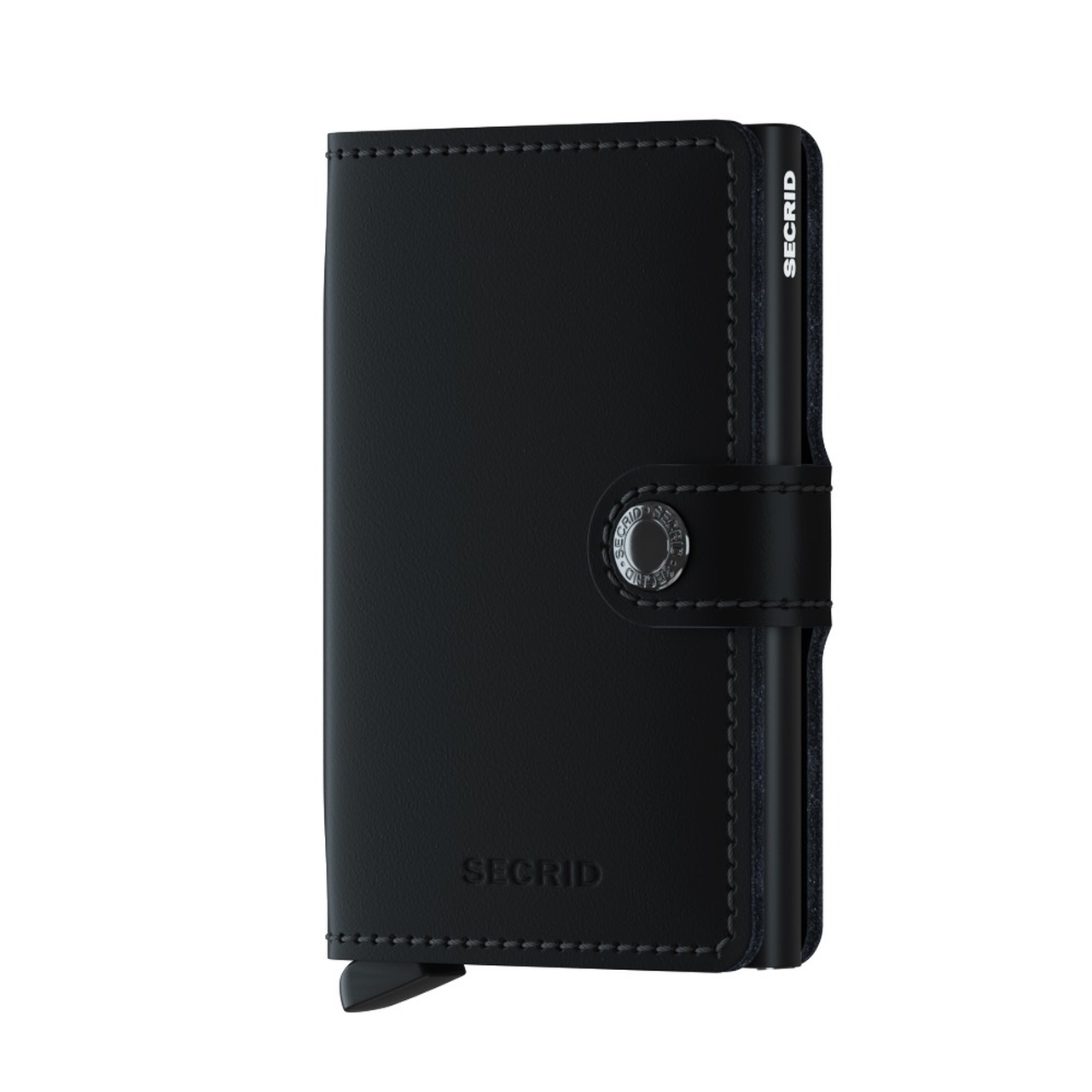 Elegant gestaltetes schwarzes Secrid Miniwallet aus Leder mit Druckknopfverschluss und dezenter Prägung.