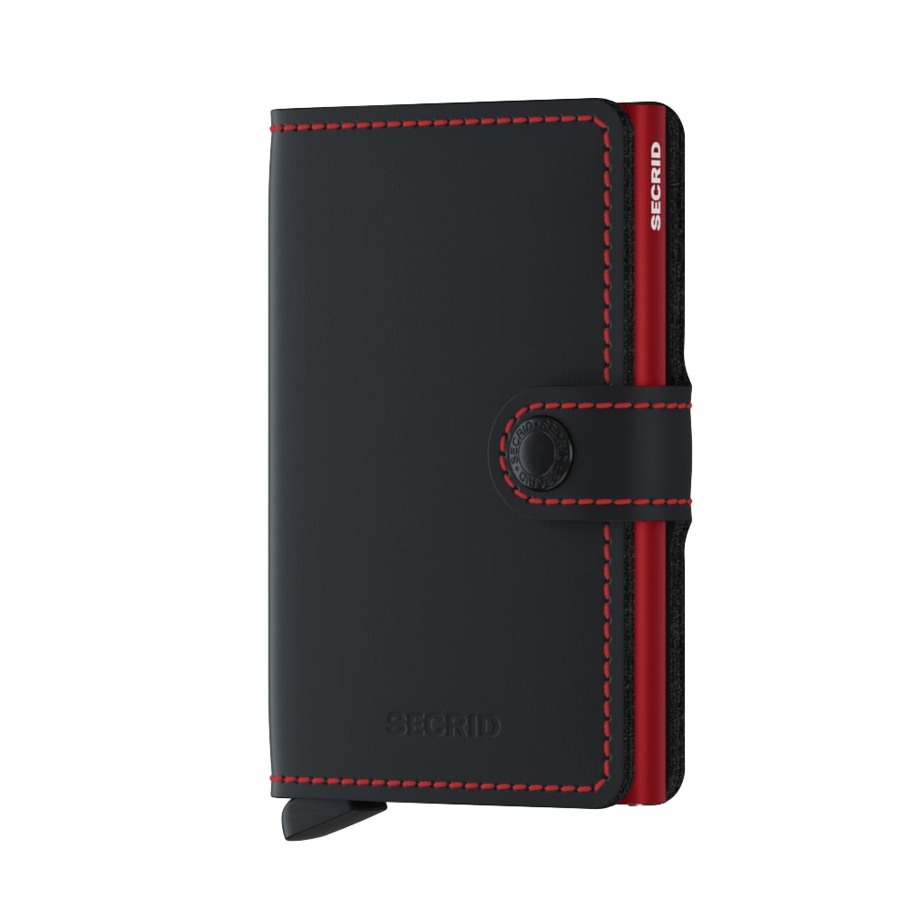Schwarze Secrid Brieftasche mit roter Naht, rotem Rand und Druckknopf-Verschluss